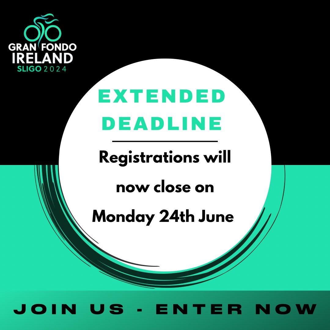Extended Registration Deadline🚨

Due to high demand, we are extending our registration deadline to Monday 24th June. 🙌🏻

Details will be shared with all participants to their emails by Wednesday 26th.

Secure your spot today! 

 #GranFondoIreland #GranFondoSligo #CycleLikeAPro
