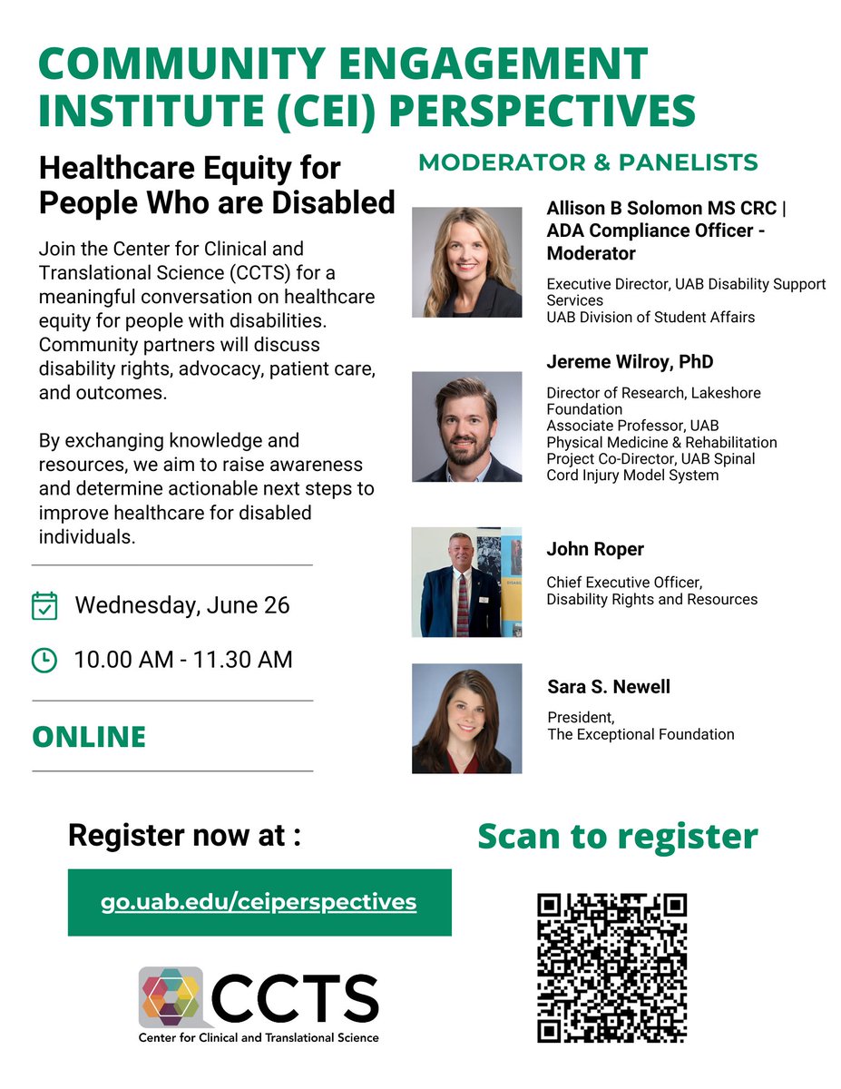 Join the Center for Clinical and Translational Science (CCTS) for a meaningful conversation on healthcare equity for people with disabilities.
Community partners will discuss disability rights, advocacy, patient care, and outcomes.
