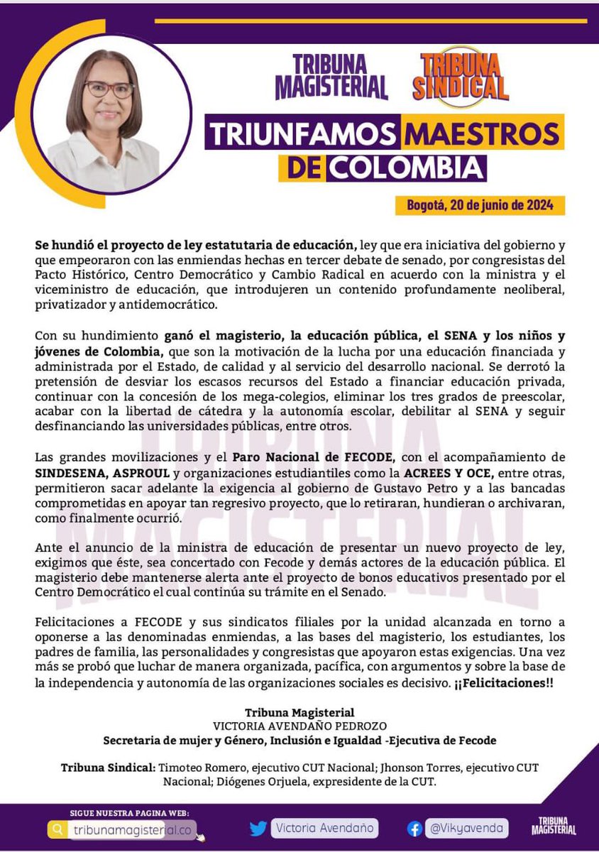 diogenesorjuela's tweet photo. Arrolladora movilización del magisterio llevó al hundimiento de la ley estatutaria muy a pesar del gobierno, su bancada y la oposicion. 

Felicitaciones maestros, Fecode, Sindesena, OCE, y ACREES porque luchar y ejercer la independencia y la autonomía sí paga✊🏽 https://t.co/DIPRTfJ96m
