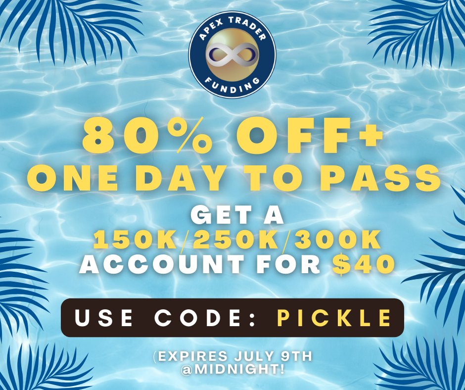 SirPickle_'s tweet image. Apex Summer Sale🌞

👉90% OFF+1 Day to Pass
👉Get a 150k-&amp;gt;300k EVAL for $40
👉Use Code: PICKLE

300k was $6̶5̶7̶ -&amp;gt; NOW $40 for the first month!

Pretty sweet opportunity to get VERY cheap eval accounts for Futures Traders!

Link⬇️ 
bit.ly/ATFPICKLE