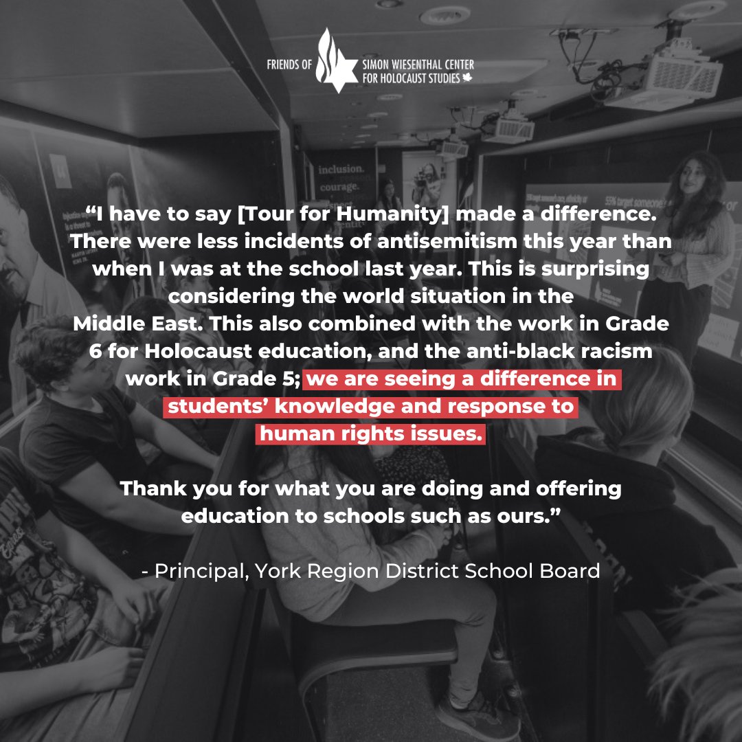 Proud to see the impact of FSWC’s Tour for Humanity and educational programs!

A principal from the York Region District School Board observed a significant improvement this year in students' understanding of human rights issues and a decrease in incidents of antisemitism.
 
This
