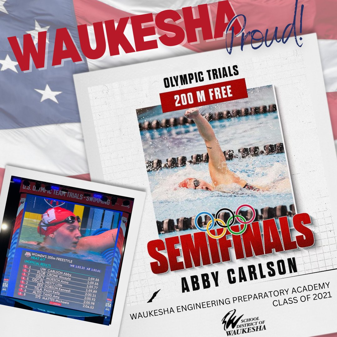 Waukesha Proud! WEPA Class of 2021, alumni Abby Carlson competed in the 200 and 400 Freestyle. Abby qualified for the semi-finals in the 200 and finished 13th. Abby attends the UW-Madison &amp; represents Express Swim in Waukesha.