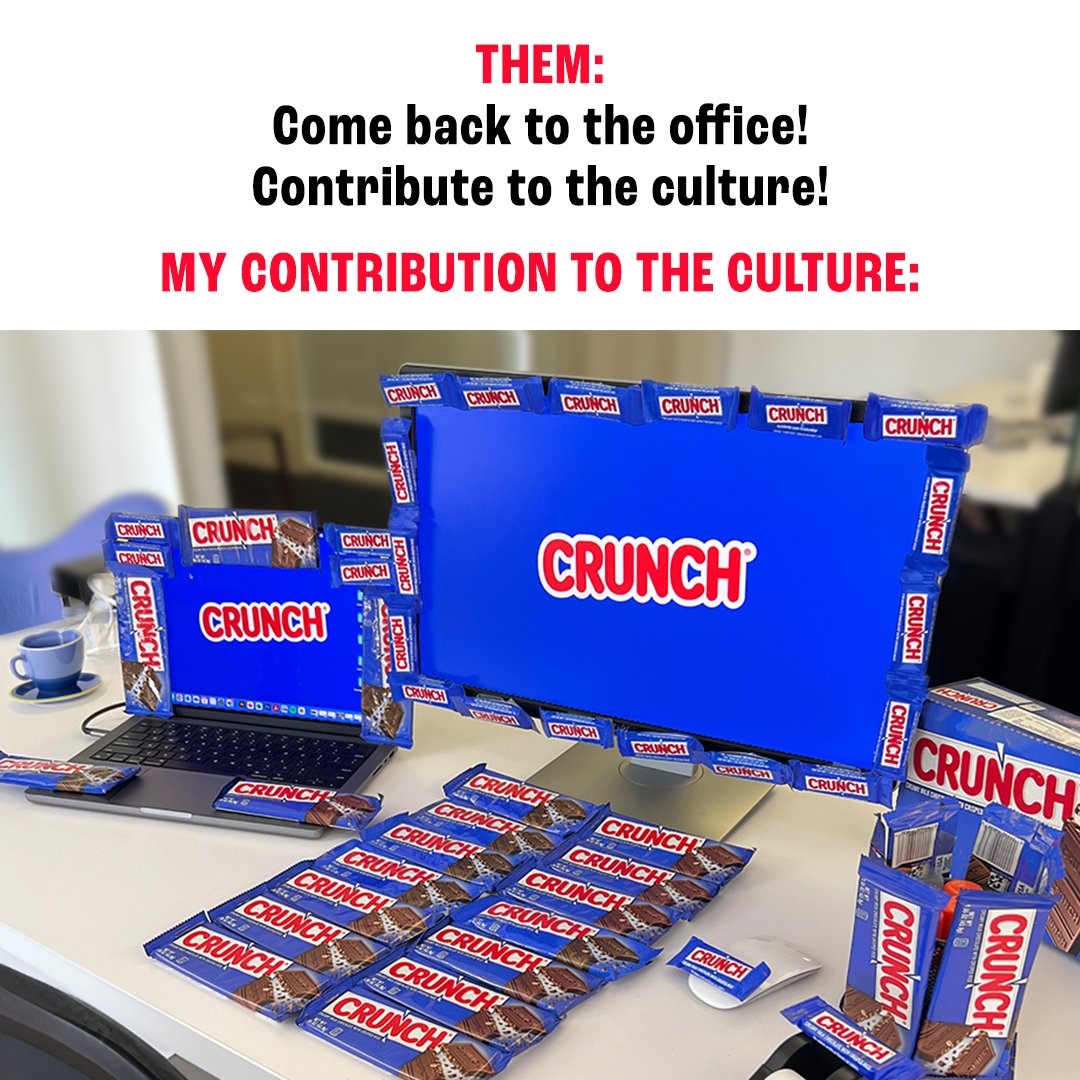 crunchbar's tweet image. When going into the office is a treat. Comment a 🍫 and we just might swag out your cubicle with CRUNCH!

#officeculture #returntowork #inperson #TurnUpTheFun #CRUNCH