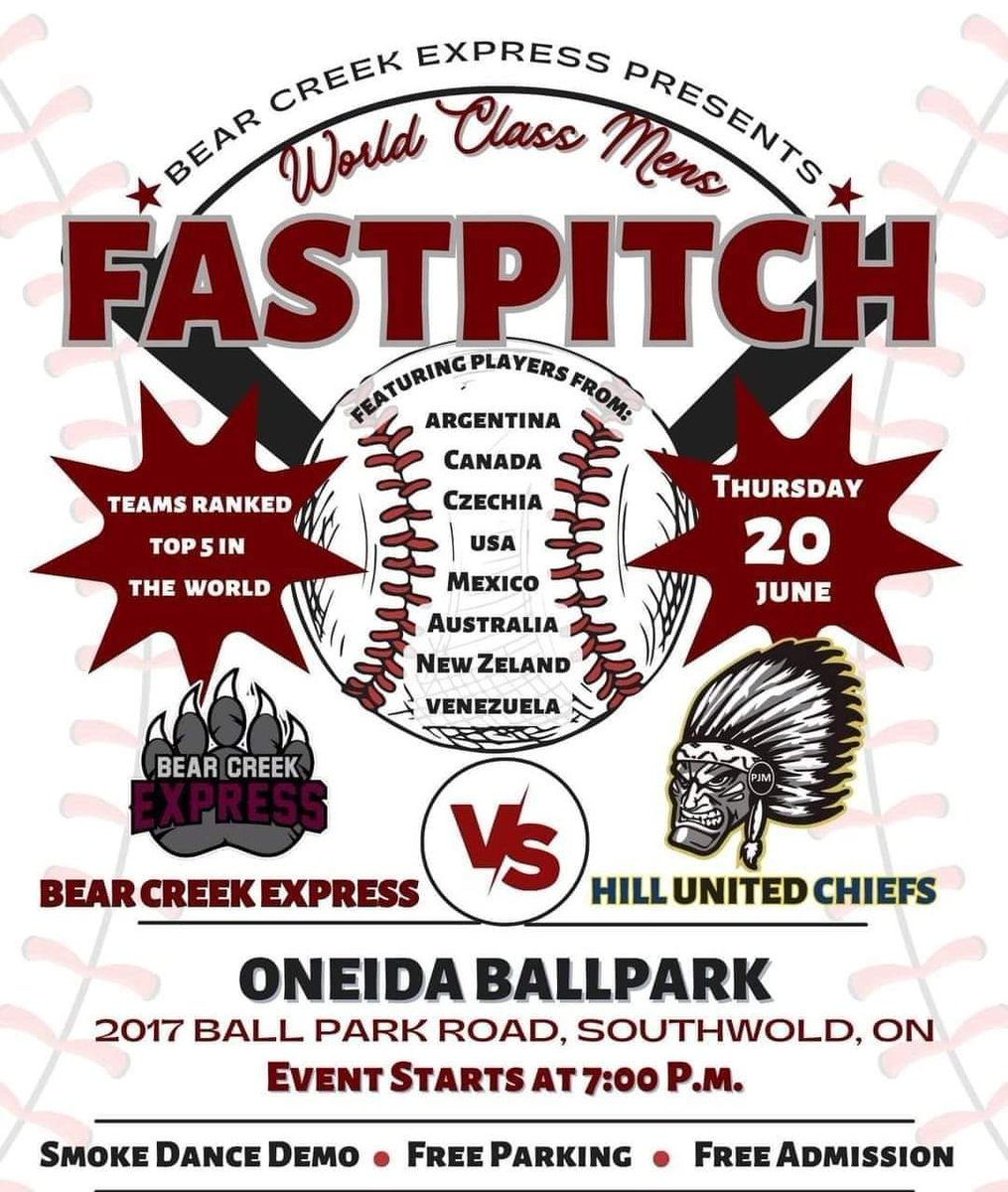 Tonight! <a href="/bearcreek_/">Bear Creek Express</a> Express, #3 in the preseason rankings, host #2 <a href="/HUchiefs/">Hill United Chiefs</a>  in an exhibition game at Oneida Park in Southwold, ON. Streaming on <a href="/softpremiertv/">softballpremier_oficial</a> with <a href="/playbyplay21/">Kyle Smith</a> &amp; <a href="/FastballJoeTodd/">Joe Todd</a>