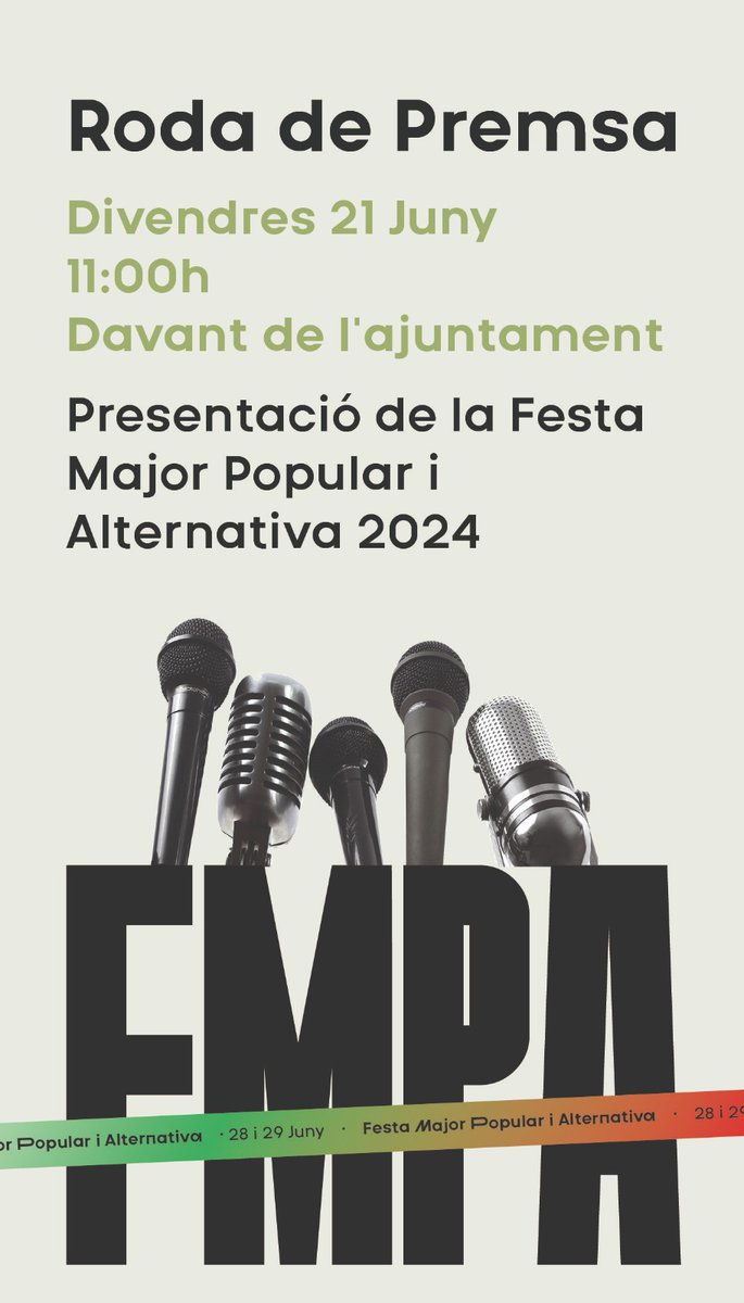📢 ATENCIÓ 🔊
RODA DE PREMSA 📝🎙️

Presentació de la FESTA MAJOR POPULAR i ALTERNATIVA de TERRASSA 2024.

🗓️ Divendres 21 de juny
🕚 A les 11h
📍 Davant l'ajuntament 

Vine a mostrar el teu suport!

Per unes festes autogestionades, anticapitalistes i feministes!

✊🏼🏴‍☠️🚩💜❤️🖤