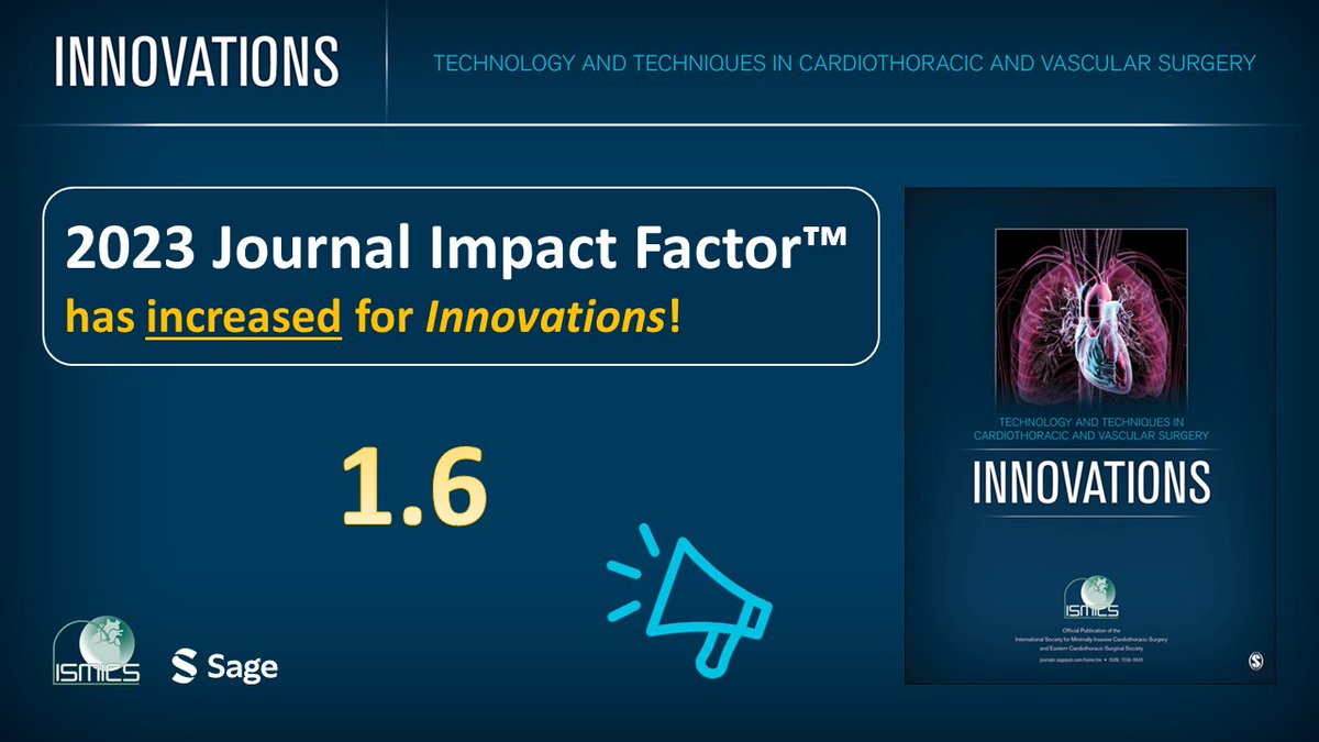 On behalf of the Innovations Editorial Board, we are pleased to announce our 2023 Impact Factor has increased to 1.6

This is a testament to our exciting #Innovations and #MinimallyInvasive content focus

We are grateful to our Associate Editors, Editorial Board, and Authors!