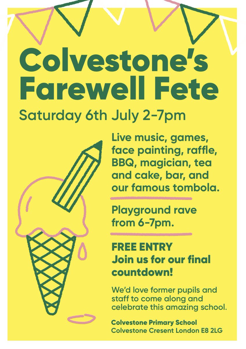 Join us for Colvestone’s Farewell Fete on Saturday 6th July from 2-7pm!
Everyone welcome - pupils and staff, past and present. FREE entry. 
Let’s go out with a bang! 💥 
💚