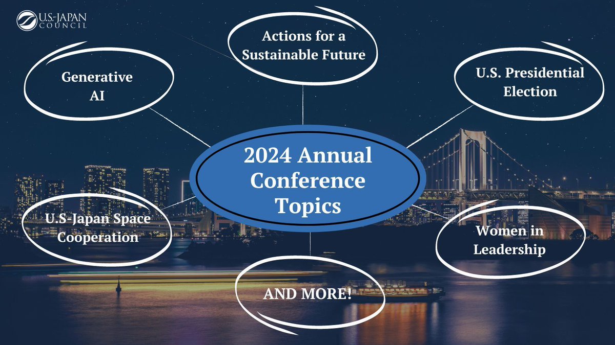 USJC's tweet photo. We’re excited to announce some of the topics we will cover at the #USJCAC. Building on key issues highlighted in the U.S.-Japan Joint Leaders’ Statement, the conference will discuss sustainability, generative AI and more! Learn more and register below.
https://t.co/7USN7E5hTE https://t.co/Zd2m0uTzgp
