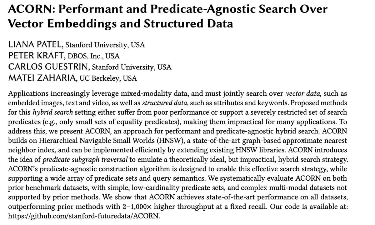 lianapatel_'s tweet image. It was fun presenting at #SIGMOD2024 last week and sharing our work on ACORN, an index that supports efficient vector search while filtering on structured attributes, which is a common setting for many vector DBs. 

Many folks asked if there&apos;s code available, and there is!🧵