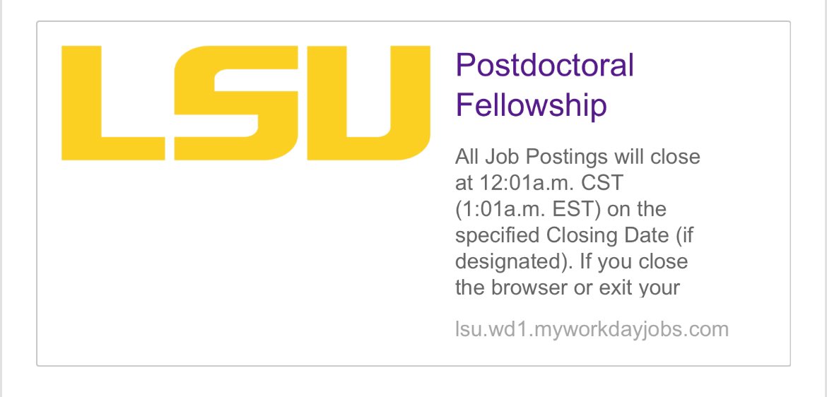 lsu.wd1.myworkdayjobs.com/LSU/job/H-P-Lo…

The postdoctoral position is available in the School of Kinesiology. Our research aims to understand the short- and long-term metabolic and bioenergetic responses to different exercise regimens in health and disease, particularly focusing on aging.