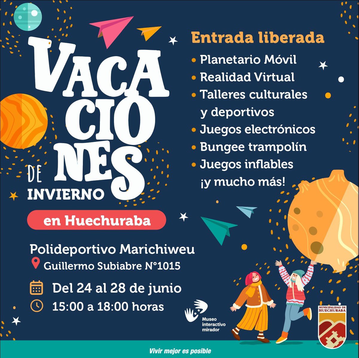 ¡AL INFINITO Y MÁS ALLÁ: ESTAS VACACIONES DE INVIERNO LAS PASAMOS JUNTOS CON DIVERSIÓN, PLANETARIO Y CIENCIA!

Disfrutemos en familia de estas actividades gratuitas entre el 24 y 28 de junio.

#huechuraba #planetariohuechuraba