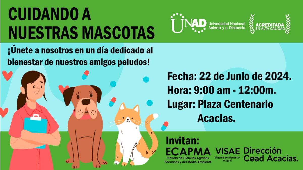 ¡Únete a la celebración del Día del Zootecnista ! 🐾
🚨#ECAPMA Zona Amazonia-Orinoquia te invitan a  participar de la jornada de desparasitación a mascotas🐶🐱

📅 Día: sábado, 22 de junio  2024
🕘 Hora: 09:00 a.m.
Lugar: Plaza Centenario - Acacias 

¡No te lo pierdas! 🌟