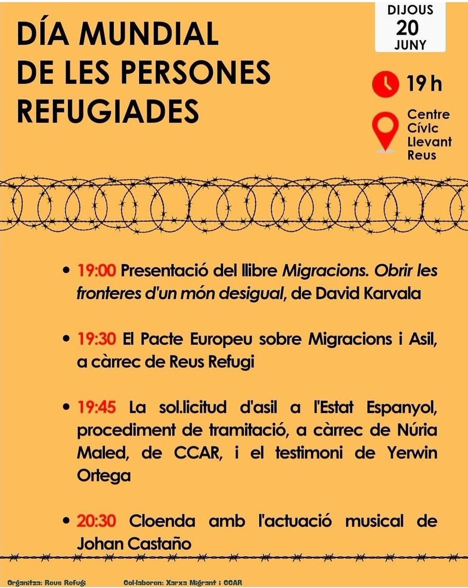 UCFRcat's tweet photo. Bona assistència a l'acte de #Reus Refugi amb motiu del #DiaMundialdelesPersonesRefugiades, 20 juny.
Presentació del llibre Migracions (#ObrimFronteres, #StopVOX...); resum de #PEMAmata; explicació dels tràmits per demanar refugi, per @CCARefugi ... https://t.co/UJxmATeLwC