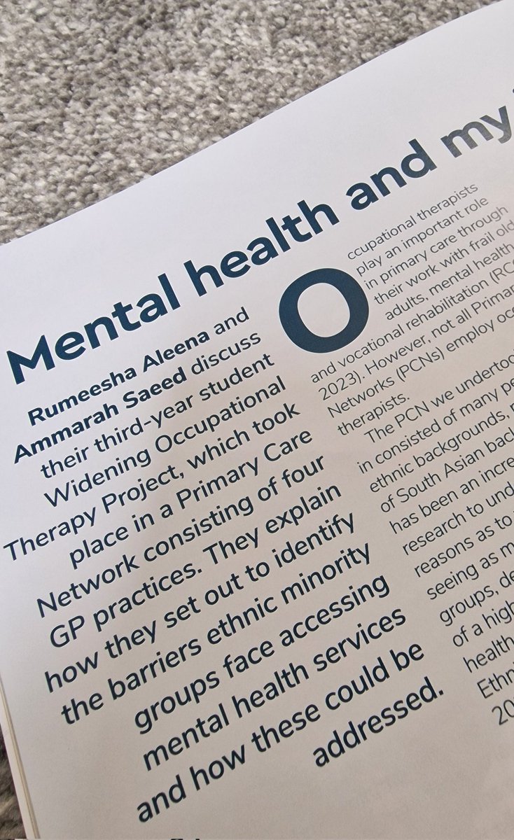 Ammarah Saeed (@ammarahsaeed18) on Twitter photo A short article published titled 'Mental health and my identity' in this months editions of OT news written by myself and Meesha Aleena and supported by Vikki Barry from our Widening Occupational Therapy Project Placement last year ๐ซ <a href="/theRCOT/">Royal College of Occupational Therapists</a> <a href="/Hudds_Uni_OT/">Occupational Therapy at University of Huddersfield</a> A short article published titled 'Mental health and my identity' in this months editions of OT news written by myself and Meesha Aleena and supported by Vikki Barry from our Widening Occupational Therapy Project Placement last year ๐ซ <a href="/theRCOT/">Royal College of Occupational Therapists</a> <a href="/Hudds_Uni_OT/">Occupational Therapy at University of Huddersfield</a>
