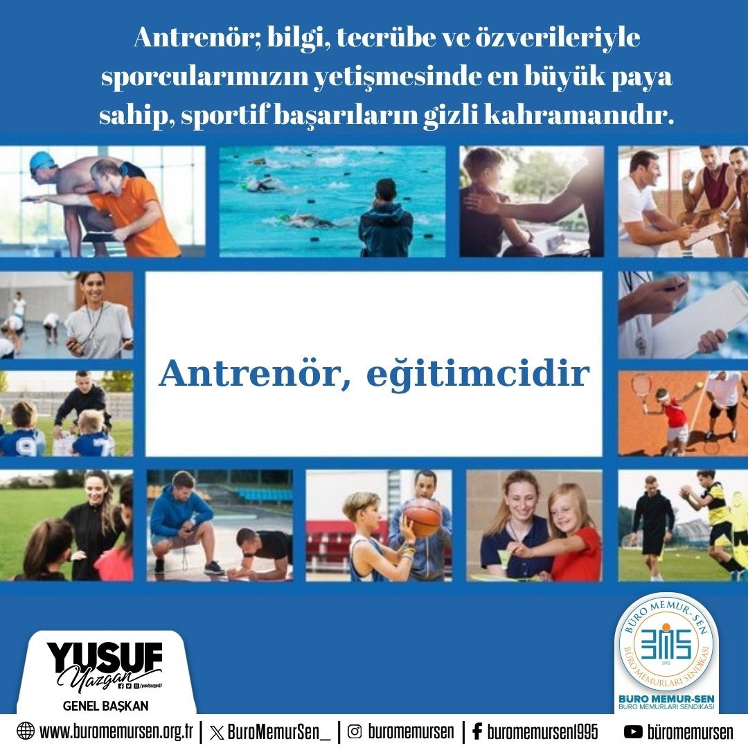 Antrenör sadece çalıştıran değildir.
Antrenör rol modeldir, 
Antrenör rehberdir, 
Antrenör eğitendir, öğretendir.
Gih den çıkarılarak Eğitim Öğretim sınıfı ihdas edilmelidir. 

<a href="/gencliksporbak/">Gençlik ve Spor Bakanlığı 🇹🇷</a> <a href="/OA_BAK/">Dr. Osman Aşkın Bak</a>
<a href="/hamzayerlikaya/">Hamza Yerlikaya 🇹🇷</a> <a href="/GSBsporgm/">Spor Hizmetleri Genel Müdürlüğü</a>

#AntrenörlerGünü
#AntrenörEğitimcidir
