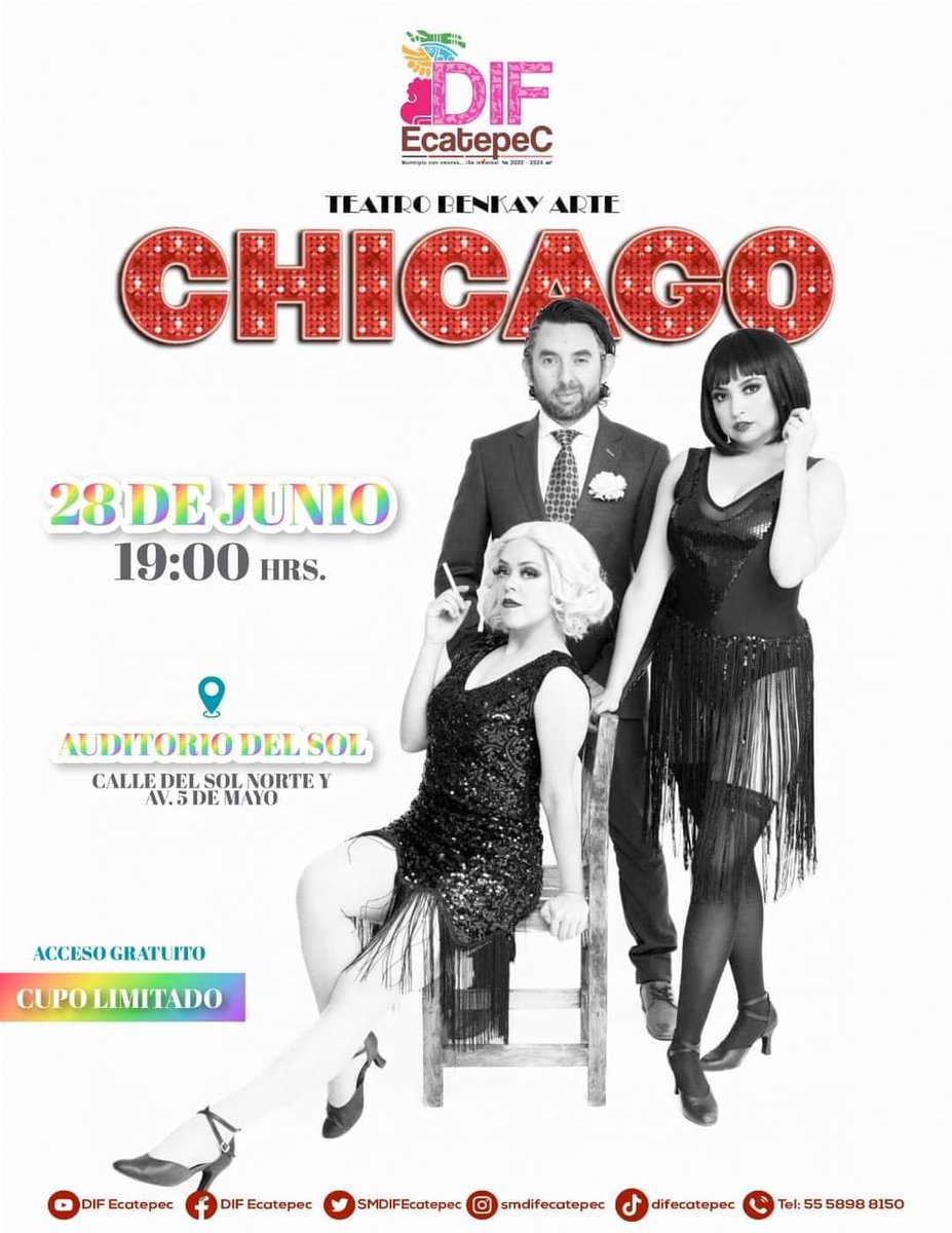 Ecatepec's tweet photo. ✨ ¡No te pierdas "Chicago" en Ecatepec! 🎶 Ven a disfrutar de esta increíble obra el 28 de junio, a las 19:00 hrs., en el Auditorio del Sol. Entrada gratuita y cupo limitado. 🌟

📍 Calle del Sol Norte y Av. 5 de Mayo. ¡Nos vemos ahí! https://t.co/hBSBvX5fOl