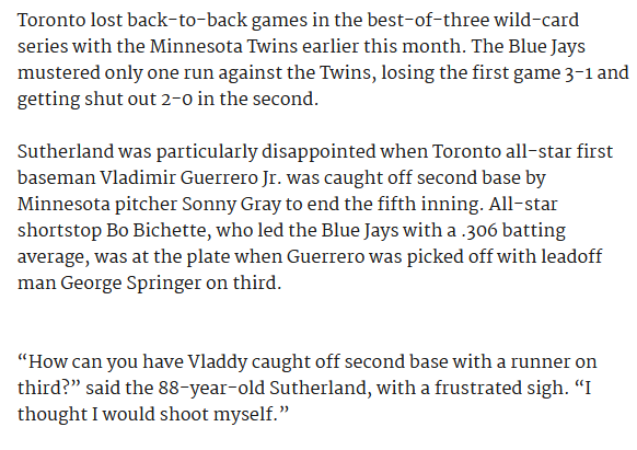 MikeBeauvais's tweet photo. Donald Sutherland might have died today, but he almost ended it all last fall when the Blue Jays were swept by the Twins in the AL wild-card round.

"I thought I would shoot myself."

Our most relatable Canadian celebrity. https://t.co/n8urcXpT91