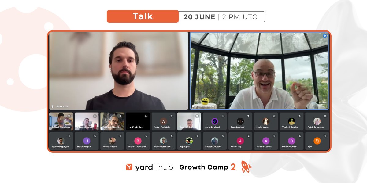 yardhub's tweet image. What a session we had today at the #web3growthcamp with @Brent_Fulfer, Principal of @BlockchainFF and @yarshakula, Founder of @yardhub gathering for a casual fireside chat to discuss vitally important topics of creating a proper value proposition, approaching and pitching it to…