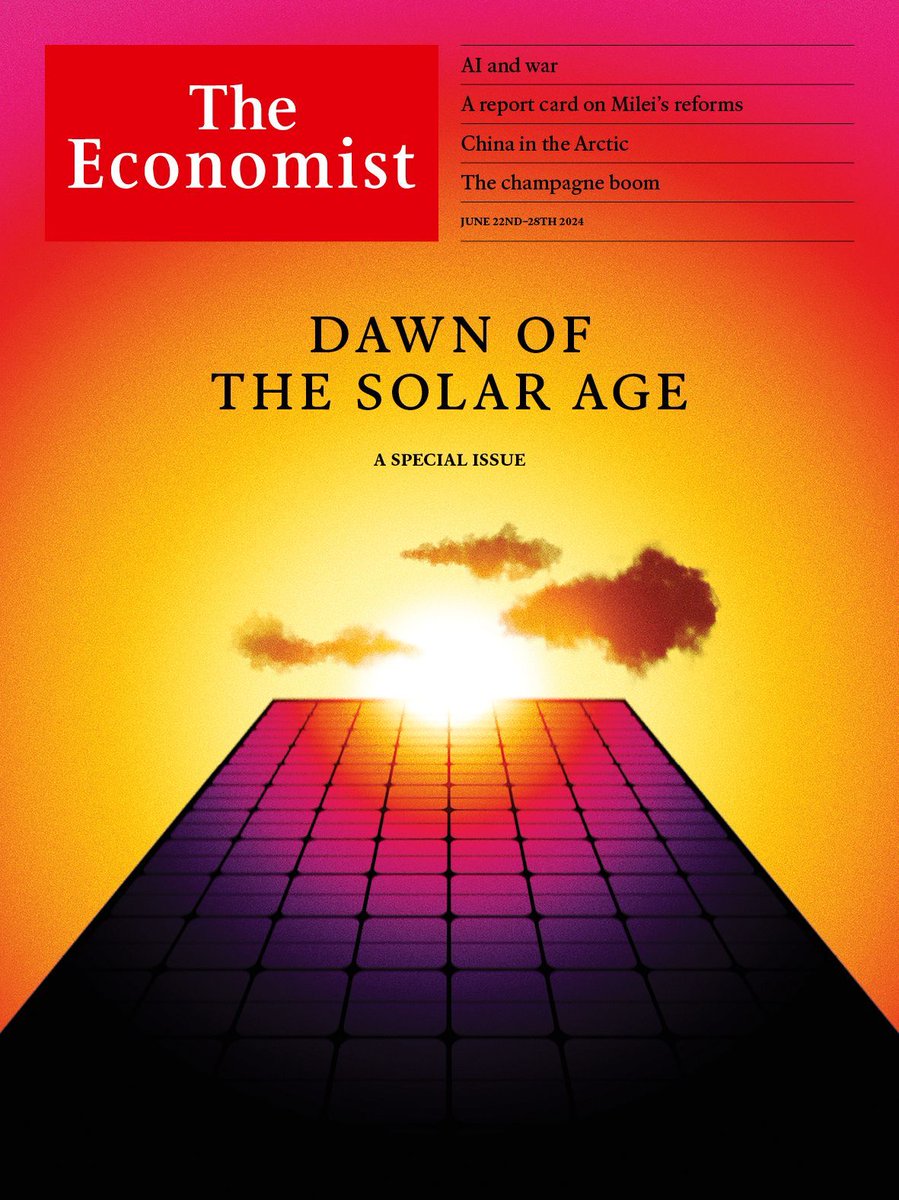 Now THAT’s a front cover 👏🏻
 
Just in time for #EuropeanSolarDay, <a href="/TheEconomist/">The Economist</a>  has seen the (sun) light!
 
The world installed 447 GW of solar last year - up 87% from 2022.

We’ve been saying it for a while now - but the #Solar Age is truly here.