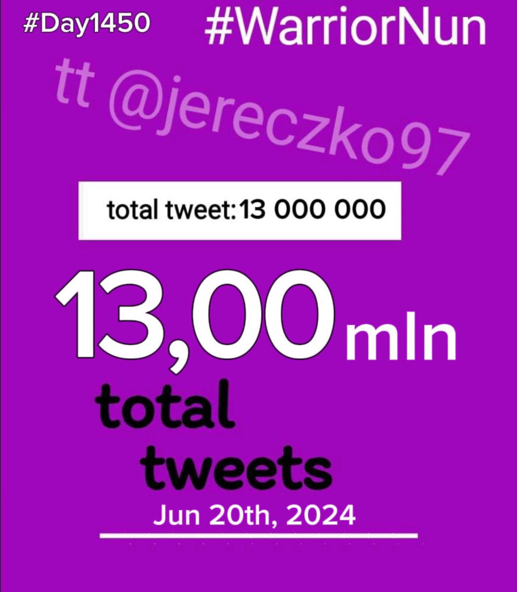 Jereczko 🥝|| KTY called me HEATHEN🌲#TeamFruity🍌 (@jereczko97) on Twitter photo 🎉🔥WE DID IT!!🔥🥳
‼️13 000 000‼️
TOTAL #WarriorNun TWEETS
🤘WE ARE THE BEST🤘
‼️13 MLN total tweets since WN premiere‼️
<a href="/WilliamMiller/">william miller 🤟🤟</a> <a href="/baabaathegreat/">Sarah Walker</a> <a href="/SoleroBarbara/">Barbara Perez-Solero</a> <a href="/SimonDavisBarry/">Simon Barry</a> <a href="/DavidBHayter/">David Hayter</a> <a href="/TangeleneBolton/">Tangelene Bolton 🇺🇸+🇵🇭</a>
#SaveOURWarriorNun 🎉🔥WE DID IT!!🔥🥳
‼️13 000 000‼️
TOTAL #WarriorNun TWEETS
🤘WE ARE THE BEST🤘
‼️13 MLN total tweets since WN premiere‼️
<a href="/WilliamMiller/">william miller 🤟🤟</a> <a href="/baabaathegreat/">Sarah Walker</a> <a href="/SoleroBarbara/">Barbara Perez-Solero</a> <a href="/SimonDavisBarry/">Simon Barry</a> <a href="/DavidBHayter/">David Hayter</a> <a href="/TangeleneBolton/">Tangelene Bolton 🇺🇸+🇵🇭</a>
#SaveOURWarriorNun