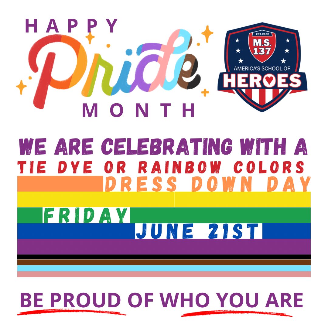 Tomorrow is our Pride Month Dress Down Day… we invite all students and staff to wear either Tie Dye or a Rainbow Themed shirt to school on Friday, June 21st!!! <a href="/D27NYC/">Community School District 27</a> <a href="/Principal_Trin/">Pamela Trincado</a>