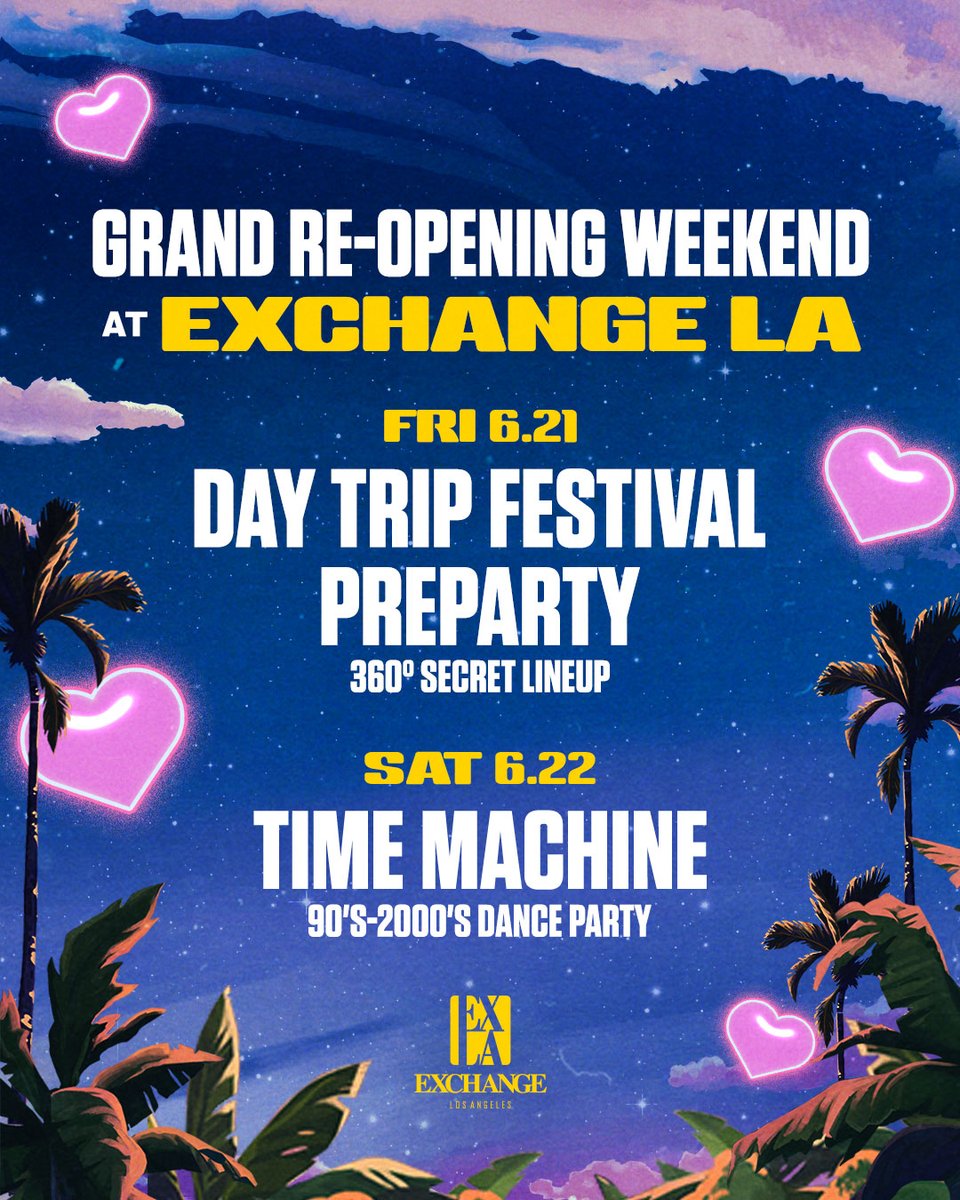 That Grand Re-Opening Weekend energy 🤩 Can’t wait to be back with you on the dance floor this Friday, 6/21, for the <a href="/daytripla/">Day Trip ☀️</a> Festival Preparty, and this Saturday, 6/22, for <a href="/timemachine_la/">Time Machine</a>!

Lock in your plans → exchangela.com