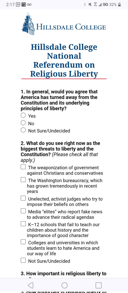 I was invited to participate in a survey on religious liberty. This is such a dishonest survey with leading questions and biased answers. My answer to 1 is yes, but not for the reasons they think. These people have weaponized Christianity against government and other religions.