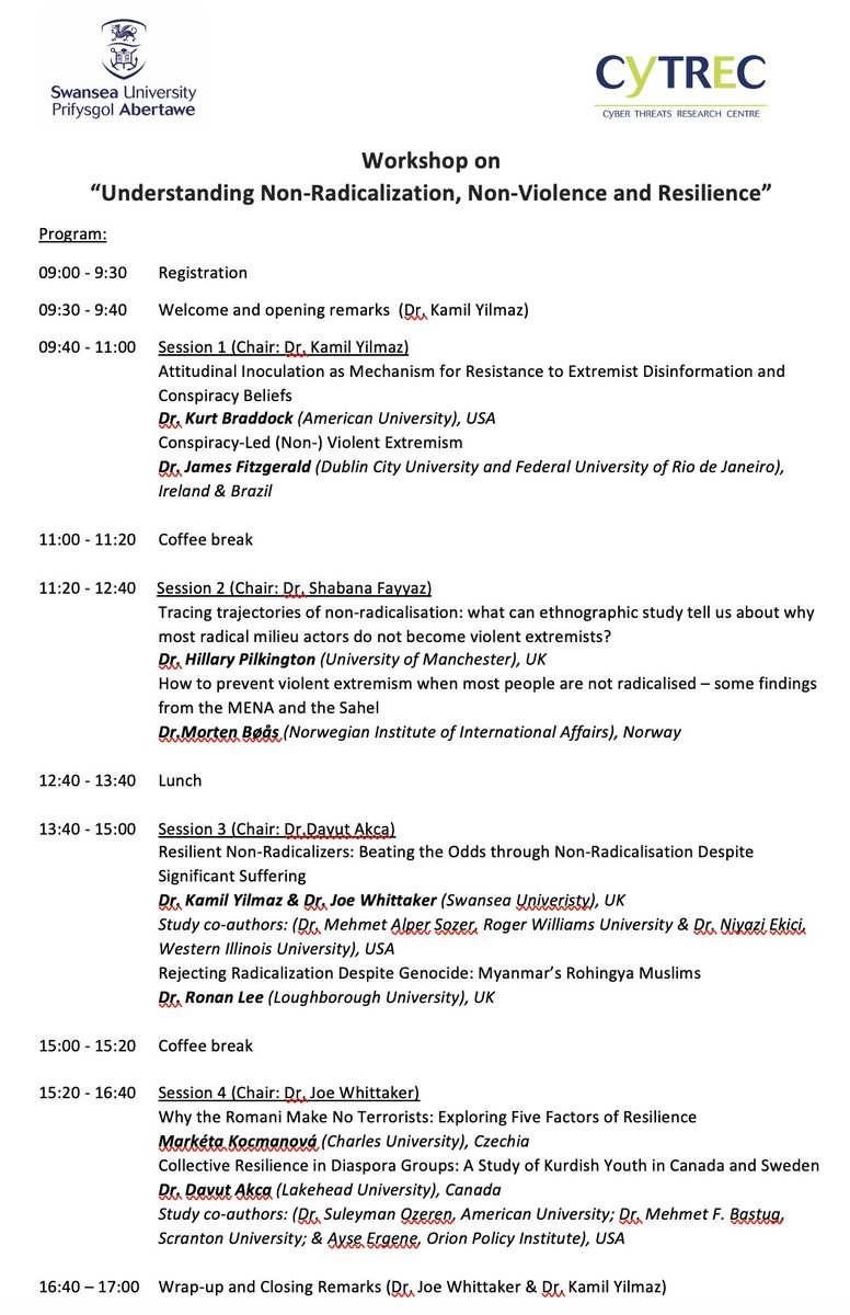 Kamil Yılmaz (@yilmazkml) on Twitter photo It was a great pleasure to host today the Workshop on "#NonRadicalization, #Nonviolence and #Resilience" at Swansea University with <a href="/CTProject_JW/">Joe Whittaker</a>. We explored these notions with leading academics and experts from around the world. <a href="/CYTREC_/">CYTREC</a> , <a href="/SwanseaUni/">Swansea University</a>. #CVE. It was a great pleasure to host today the Workshop on "#NonRadicalization, #Nonviolence and #Resilience" at Swansea University with <a href="/CTProject_JW/">Joe Whittaker</a>. We explored these notions with leading academics and experts from around the world. <a href="/CYTREC_/">CYTREC</a> , <a href="/SwanseaUni/">Swansea University</a>. #CVE.
