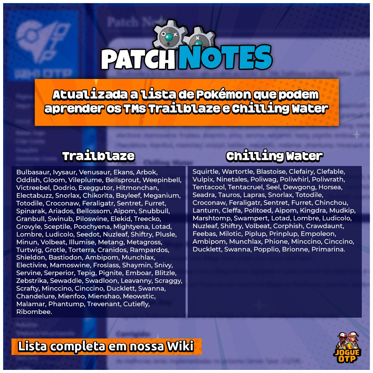 Atualizada a lista de Pokémon que podem aprender os TMs Trailblaze e Chilling Water.

Mais informações: wiki.otpokemon.com/index.php/Patc…