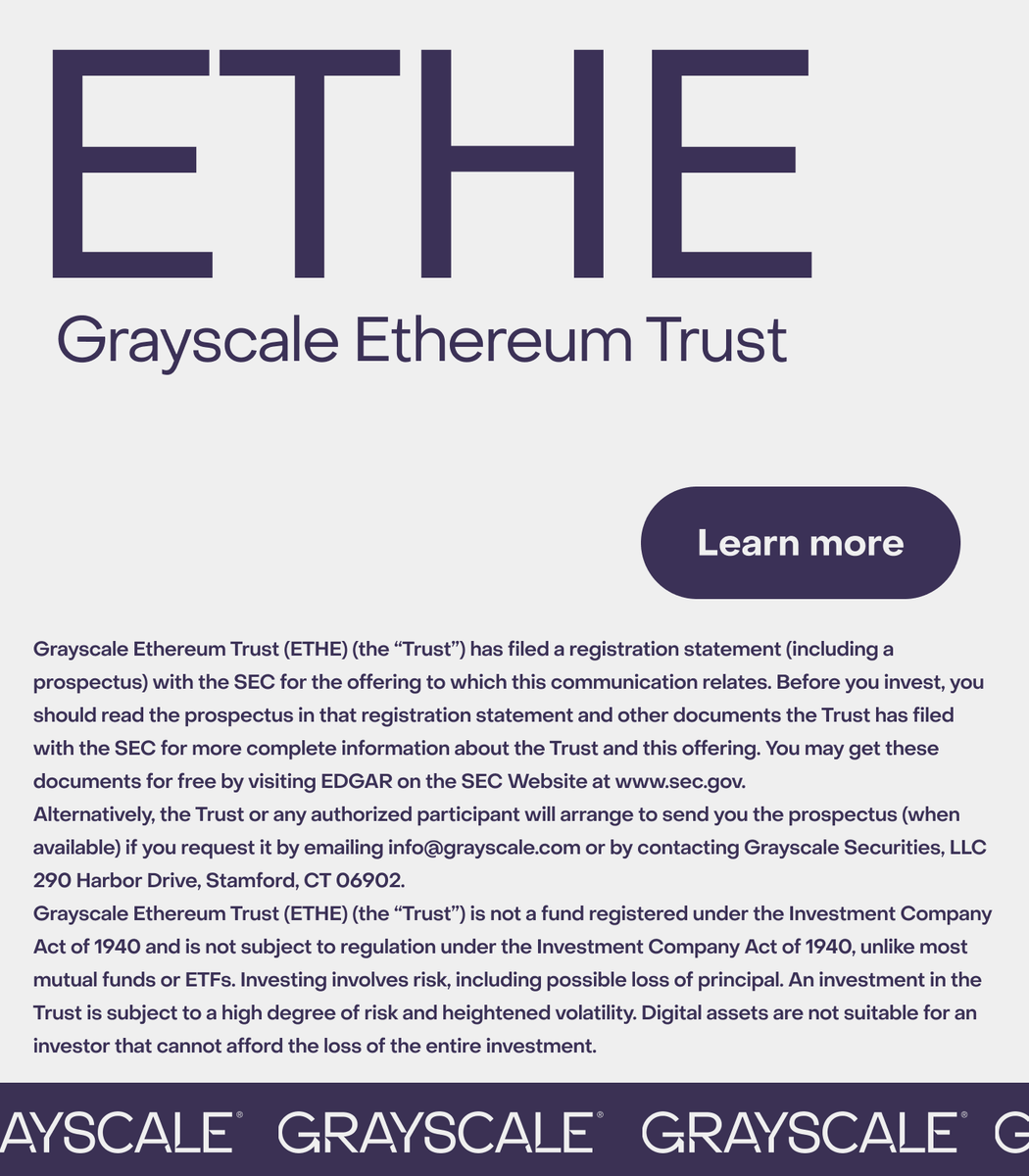 Curious about gaining exposure to #Ethereum? Learn about adding Grayscale  Ethereum Trust $ETHE to your portfolio. Learn more about ETHE and access  important disclosures: https://t.co/7ozg9xLqZt