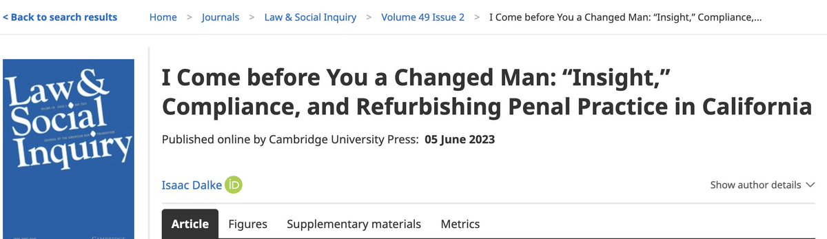 “Who should be in prison?” is an urgent question in the face of the staggering size and racial disparities of US prisons. In LSI’s #firstview, Dalke (<a href="/UCBerkeleyISSI/">ISSI</a>) shows how the parole board’s old ideas around punishment justify keeping people in prison.bit.ly/4eKLPJZ