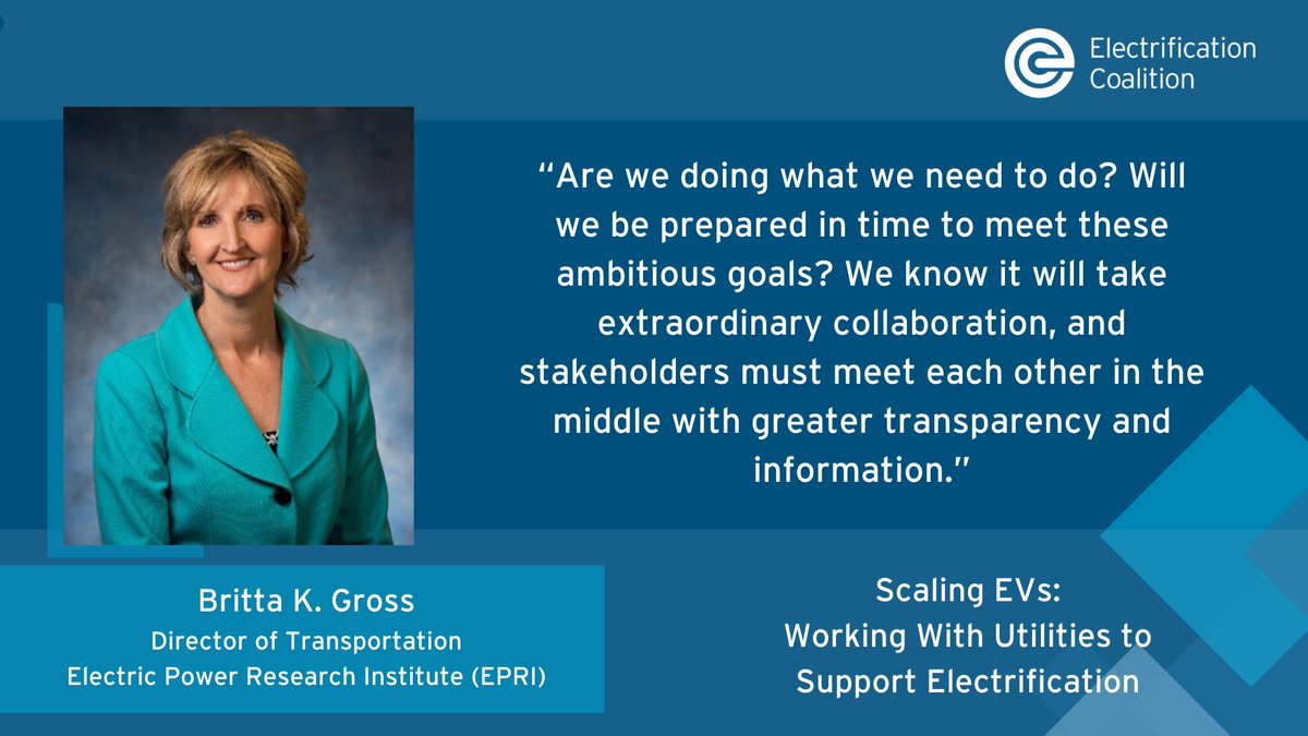 Britta K. Gross, Director of Transportation at the Electric Power Research Institute (EPRI) speaking about what it will take to meet transportation electrification goals. #ECUtilitiesWebinar