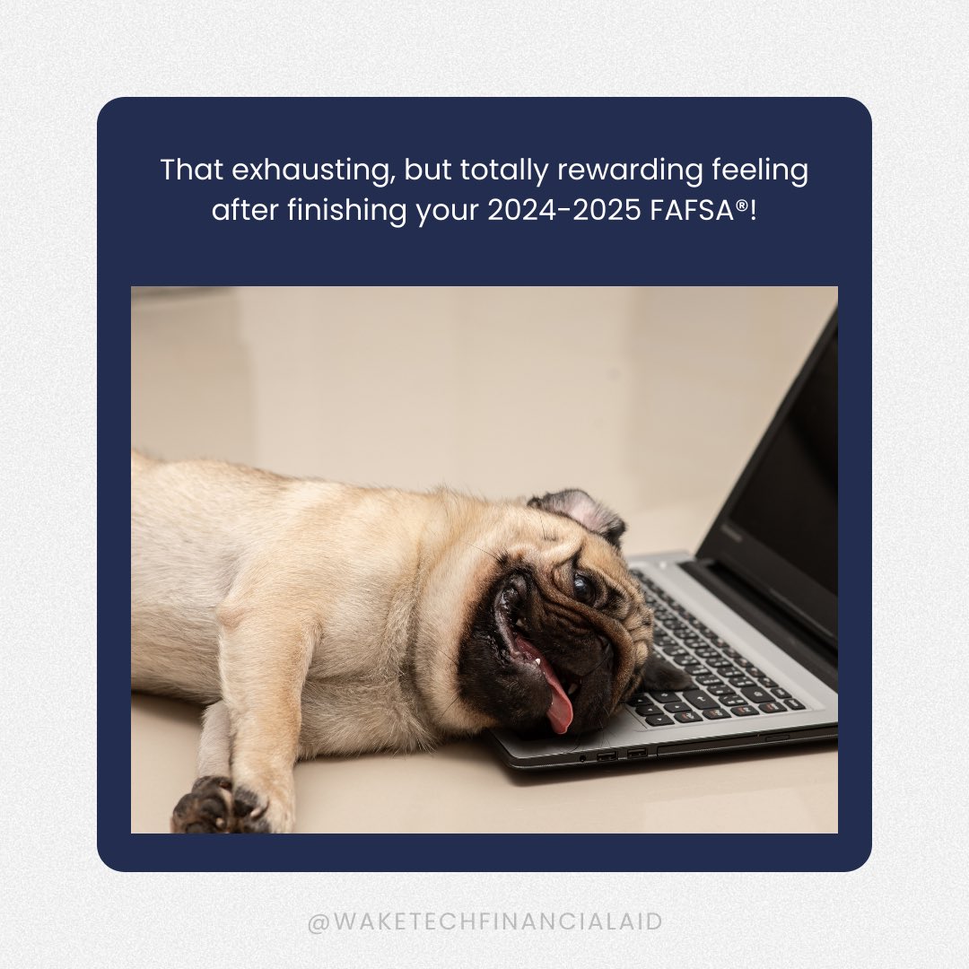 WakeTechFinAid's tweet image. Get it done! 👏 Need assistance? Join us next week for FAFSA® Friday, where you can get help completing your 2024-2025 FAFSA®. ✍️
•
•
#waketechfinancialaid #wtccfinaid #FAFSA #financialaid #waketech #nccommunitycolleges #waketechstsudents #waketechsga
#waketechfafsadone