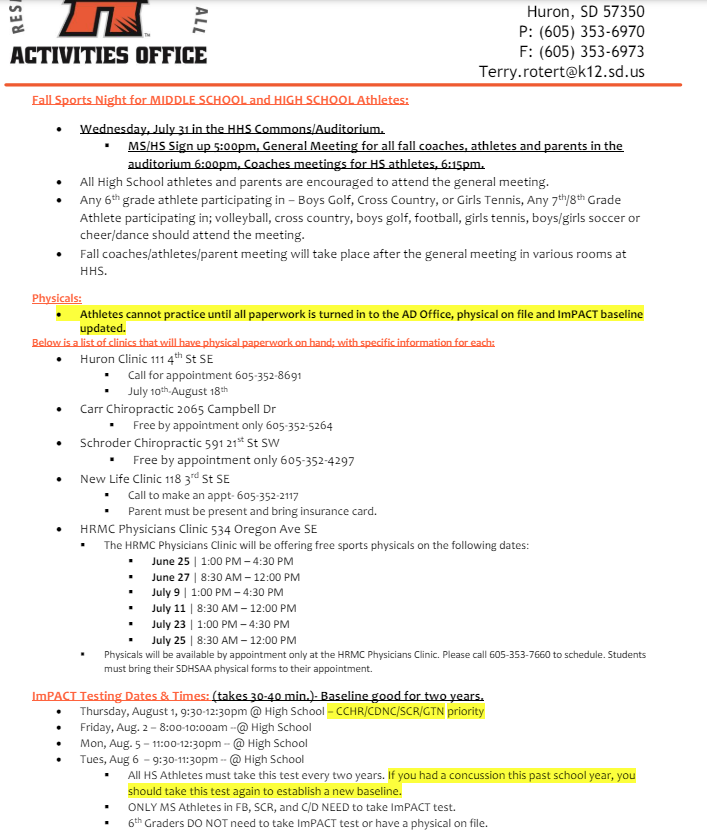 HuronActivities's tweet photo. Hello Tigers!! Happy summer, please see the below information so you can be aware of a couple things! As always please get ahold of Tarryn if you are needing to know what your athletes are needing for the 2024-25 school year!!

#hurontigers https://t.co/nkZlw7ngvC