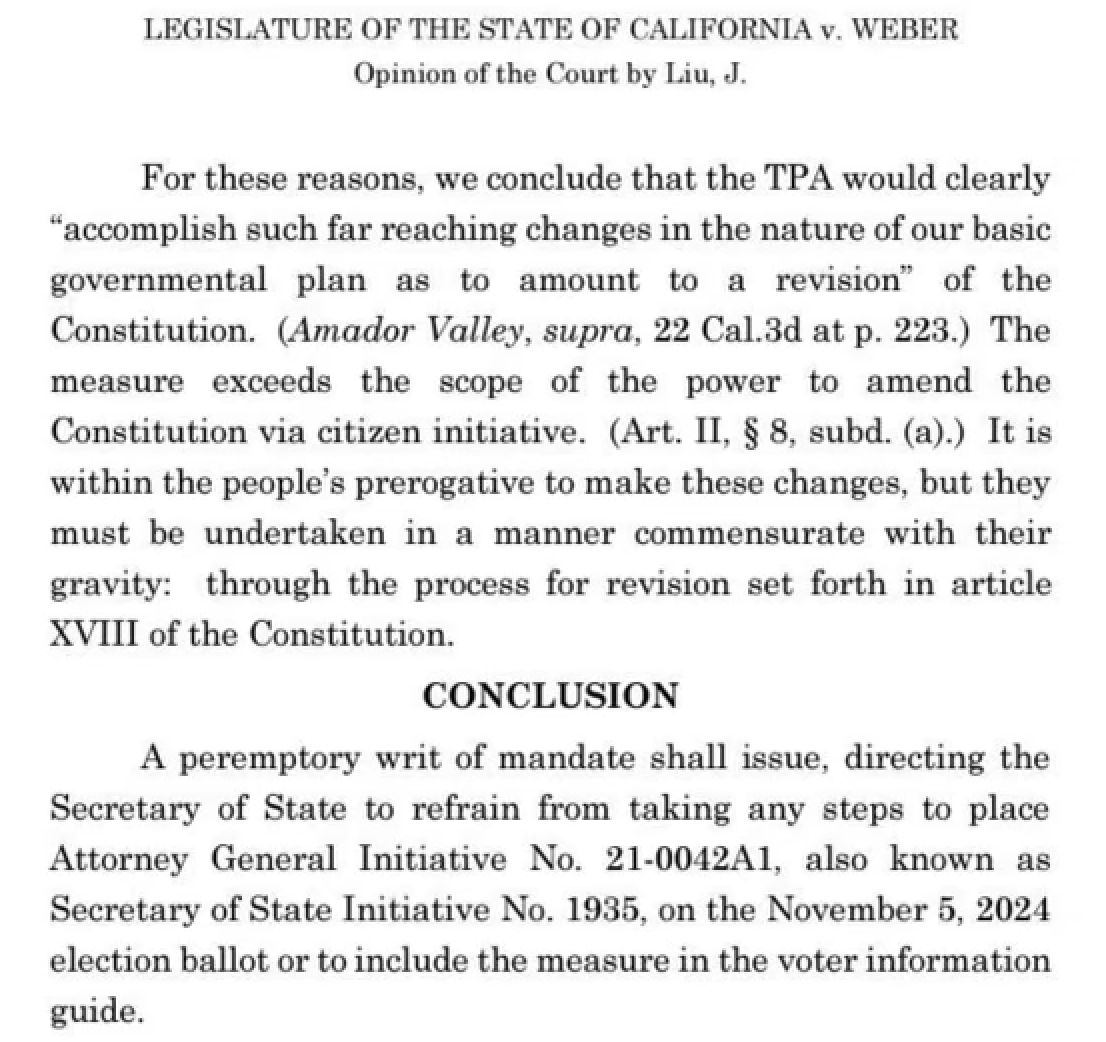 In a win for local governments and stakeholders throughout the State, the California Supreme Court has removed the erroneously titled Taxpayer Protection Act from the November 2024 ballot. 

Read more: courts.ca.gov/opinions/docum…