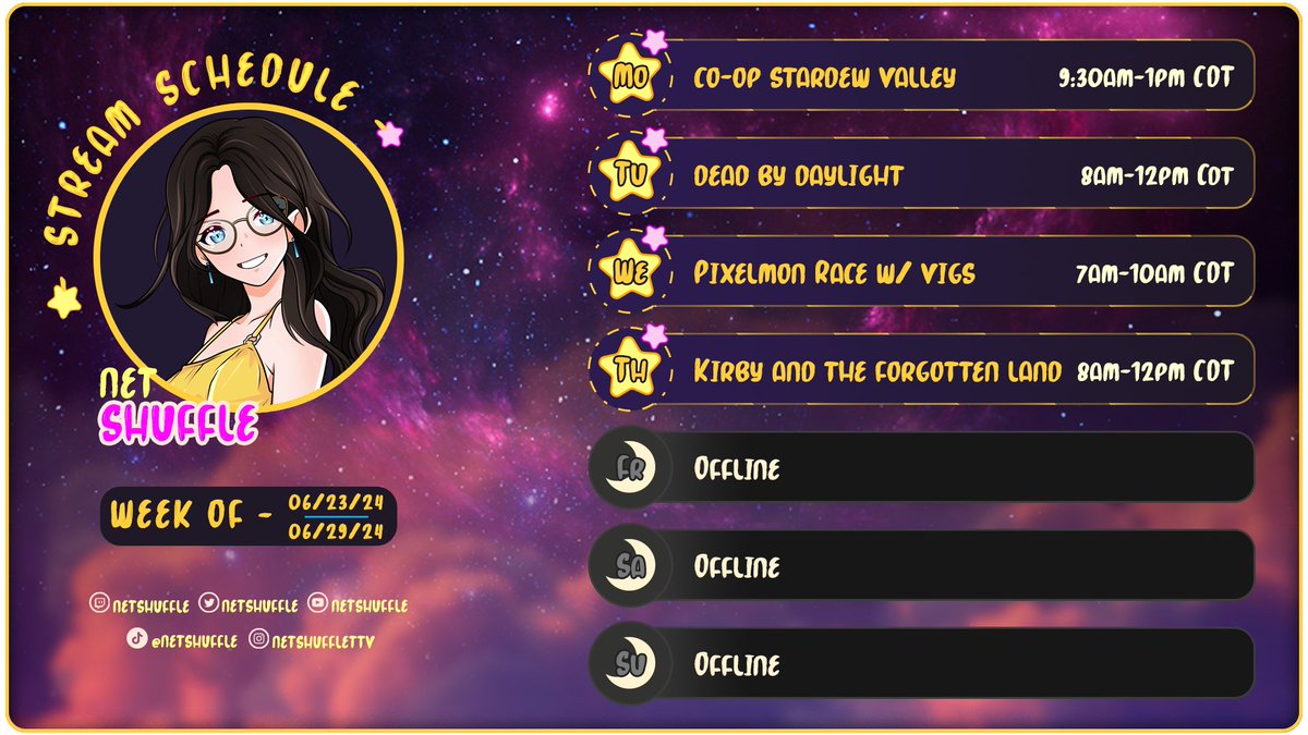 netshuffle's tweet photo. Schedule for next week!
#newstreamschedule #twitchstreamer #cozystreamer https://t.co/TPum8vGuzx