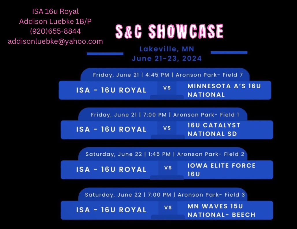 Addison Luebke (@addisonluebke) on Twitter photo Here is my schedule for this weekend at the S&C Summer Showcase Tournament in Lakeville, Minnesota. So excited to get after it again!!! <a href="/tdraves/">Tony Draves</a> <a href="/coachjenna/">JennaMarieLouise</a> <a href="/ISA_Softball/">ISA Softball</a> <a href="/BriePasquale/">Brie Pasquale</a> <a href="/tgussert/">Tanner Gussert</a> Here is my schedule for this weekend at the S&C Summer Showcase Tournament in Lakeville, Minnesota. So excited to get after it again!!! <a href="/tdraves/">Tony Draves</a> <a href="/coachjenna/">JennaMarieLouise</a> <a href="/ISA_Softball/">ISA Softball</a> <a href="/BriePasquale/">Brie Pasquale</a> <a href="/tgussert/">Tanner Gussert</a>