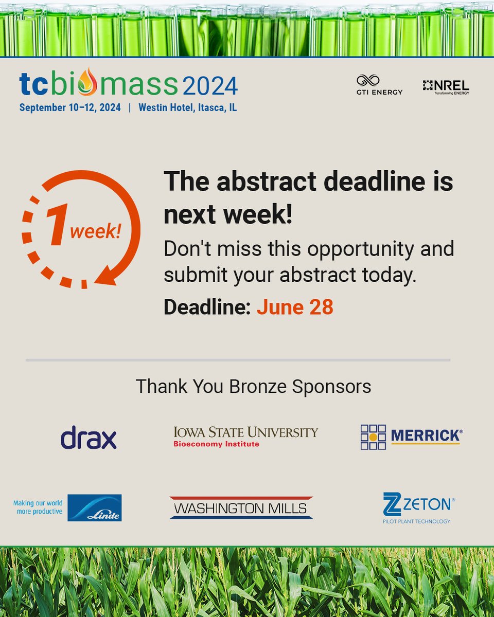 Our June 28 abstract submission deadline is NEXT FRIDAY! ⏰ Submit now to share your bioenergy research.
A round of applause 👏 for our Bronze Sponsors who are helping make #tcbiomass2024 a success! linkedin.com/feed/update/ur…