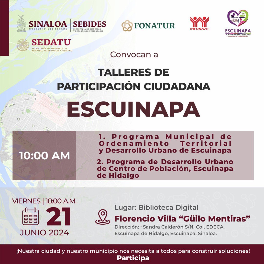 A toda la población de #Escuinapa les invitamos a participar en los talleres de participación ciudadana denominados:
1.Programa Municipal de Ordenamiento Territorial y Desarrollo Urbano de Escuinapa
2.Programa de Desarrollo Urbano de Centro de Población, Escuinapa de Hidalgo