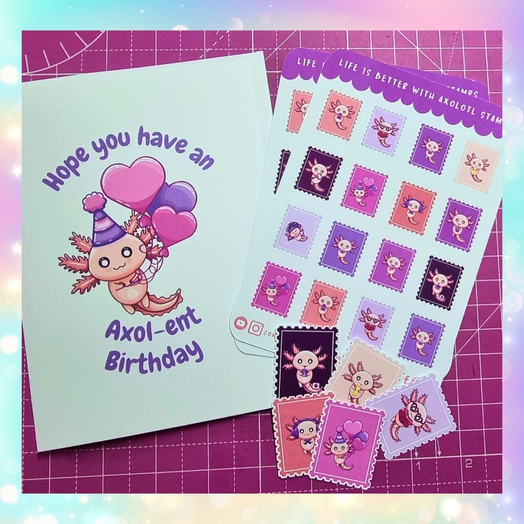 CraftyJuJu's tweet photo. Just a little sneak peek at one of the things coming in Saturdays shop update 😉 

Some new cute planner sticker sheets, stamp stickers, and birthday cards 😆 💜

Photo description: coming soon, axolotl planner stickers, stamp stickers, and birthday card. https://t.co/Hq2HC7rQnR