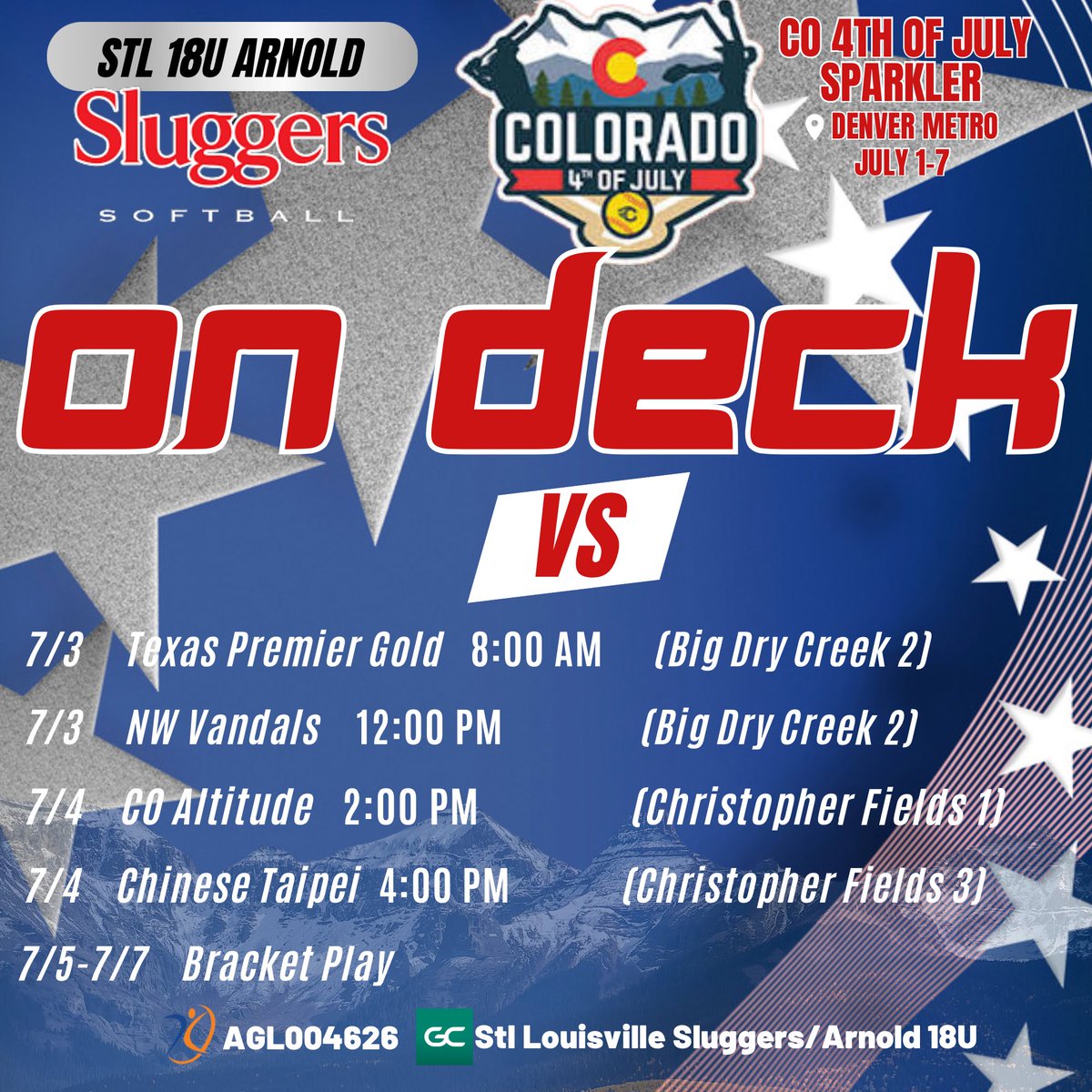 Due to injury the St Louis Based Louisville Slugger’s/Arnold18u are in need of high level pitcher to accompany us to CO for the Sparkler July 1-7!   Lots of circle time recruitment opportunities!  Please reach out to Coach Scott Arnold for more information. 
636-214-7656