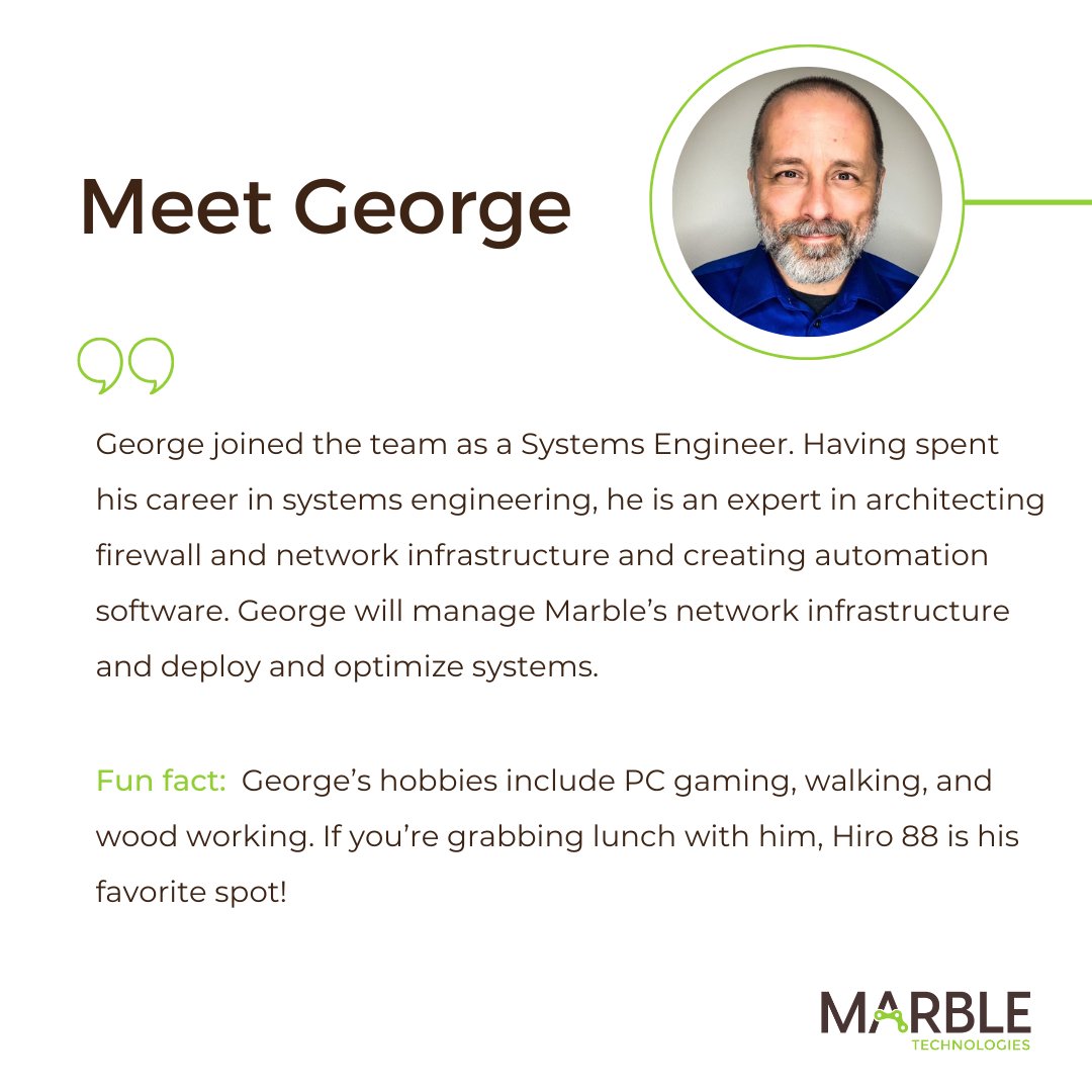 SeeMarbleTech's tweet image. Marble recently added George to the team as a Systems Engineer. 
Like 👍 this post to join us in welcoming him!