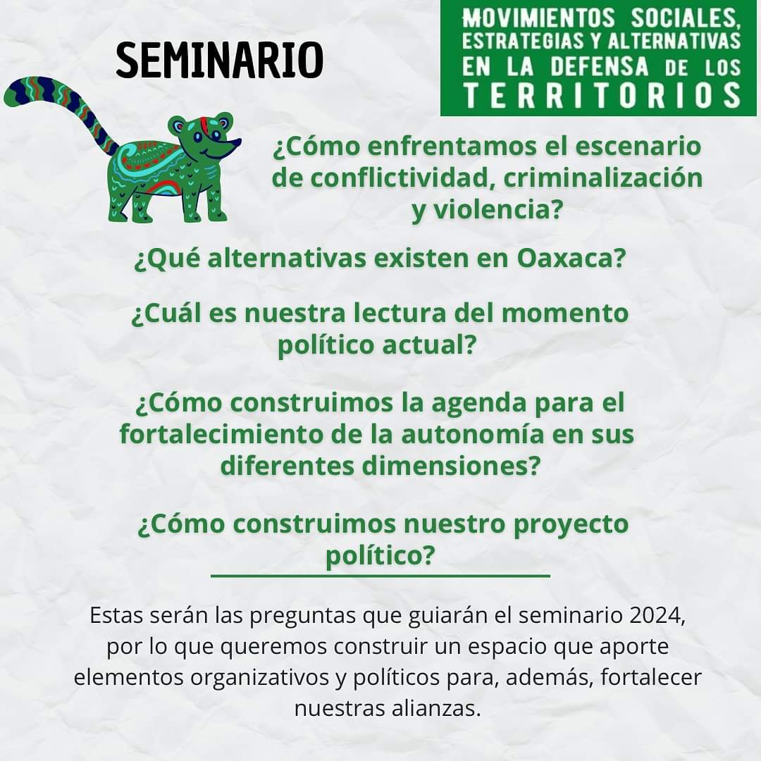 CONVOCATORIA 2024: Seminario “Movimientos sociales, estrategias y alternativas en la defensa de los territorios” 

Información completa 👇🏾

Facebook:
facebook.com/share/p/oUc5gY…

Instagram:
instagram.com/p/C8aykt7uzMV/…