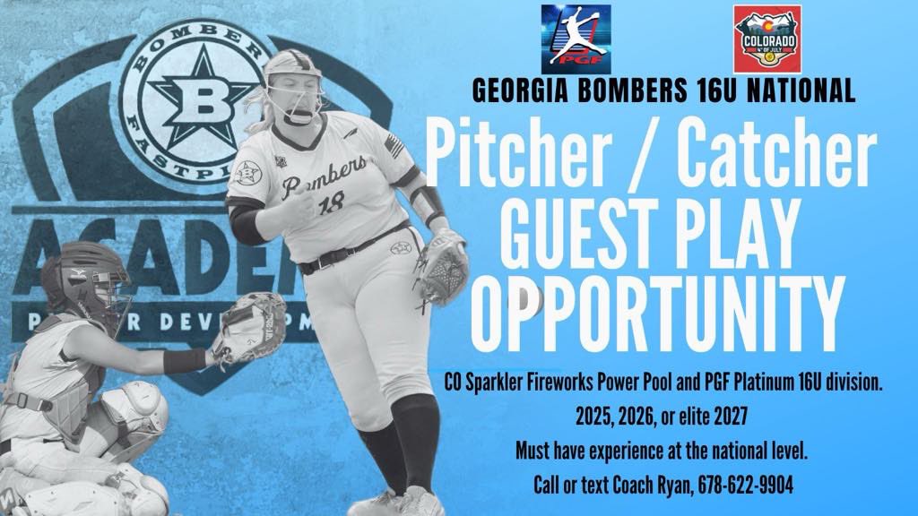 Are you a 2025, 2026, or elite 2027 Pitcher or Catcher? We are 👀 for the right fit to join our crew for the TC CO Sparkler-Fireworks Power Pool 16u (Denver, CO) &amp;/or PGF Natl-Platinum 16U Division (Huntingdon, CA). 
Great opportunity for recruitment. 
Must have natl experience.