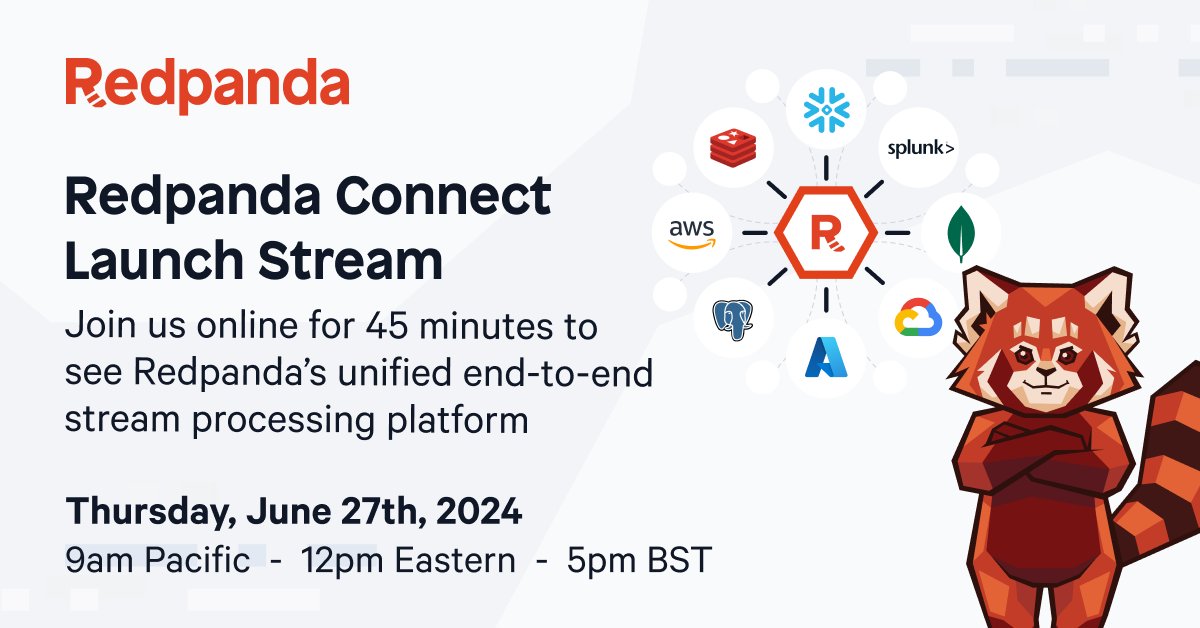 Redpanda Data (@redpandadata) on Twitter photo π£ SNOWFLAKE JOINS THE REDPANDA CONNECT LAUNCH STREAM 
The agenda for our live launch stream just keeps getting better π€© 
Our Founding Panda <a href="/emaxerrno/">πΊππ€ Alexander Gallego</a> will be joined by Brad Culberson, Technical Director at <a href="/SnowflakeDB/">SnowflakeDB</a> β, along with #Benthos founder <a href="/Jeffail/">Ashley Jeffs</a> to showcase the π£ SNOWFLAKE JOINS THE REDPANDA CONNECT LAUNCH STREAM 
The agenda for our live launch stream just keeps getting better π€© 
Our Founding Panda <a href="/emaxerrno/">πΊππ€ Alexander Gallego</a> will be joined by Brad Culberson, Technical Director at <a href="/SnowflakeDB/">SnowflakeDB</a> β, along with #Benthos founder <a href="/Jeffail/">Ashley Jeffs</a> to showcase the
