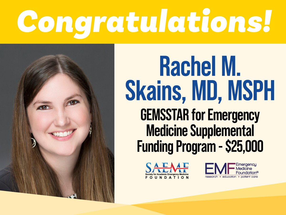 Congratulations to Dr. Skains on receiving #SAEMF/GEMSSTAR funding for her project: "Risk Factors and Time Course of Incident Delirium Among Older Adults in the Emergency Department." 

Learn more: ow.ly/OC9E50SenwC