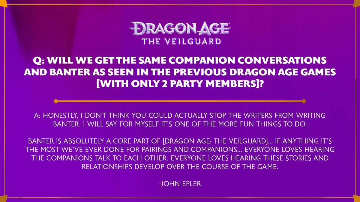 dragonage's tweet image. From abilities to companion banter, our devs covered a lot in our Discord Q+A last week!

Below is a small sample of the questions. You can read the full transcript here: discord.gg/bioware
