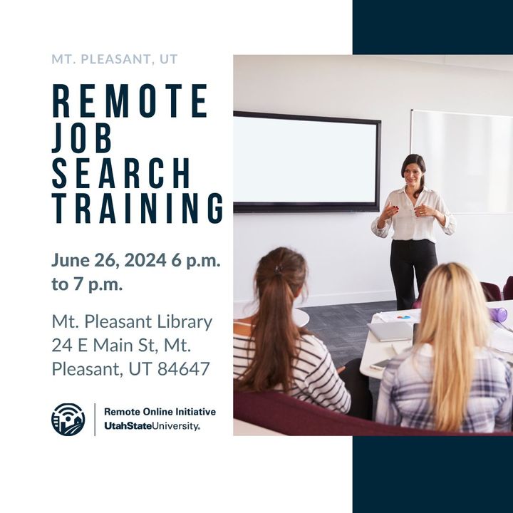 RemoteWorkUSU's tweet image. Navigating the remote job market? Join us at the Mt. Pleasant Library on June 26 from 6 p.m. to 7 p.m. MT for a Remote Job Search Training event! Learn how to spot scams, find legitimate remote jobs, and succeed in remote work. 

Unlock the secrets to your remote career!