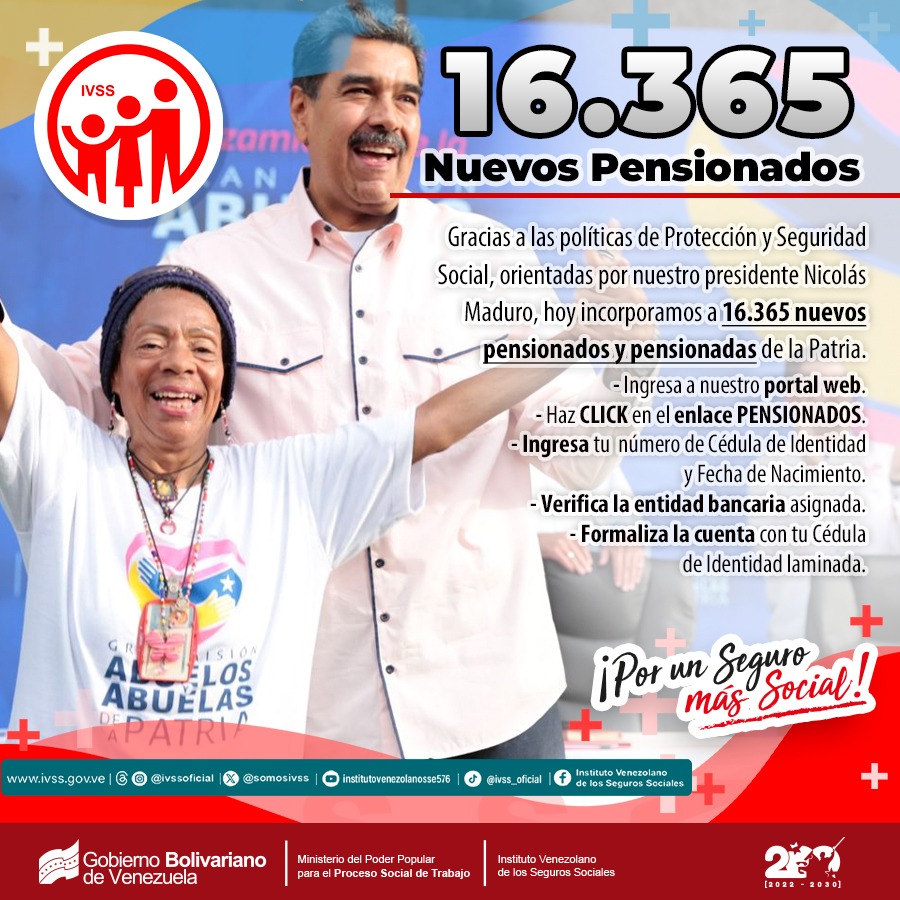 Gracias a las políticas de Protección y Seguridad Social orientadas por nuestro presidente <a href="/NicolasMaduro/">Nicolás Maduro</a> , hoy incorporamos a 16.365 NUEVOS PENSIONADOS Y PENSIONADAS de la Patria.  

¡Por un Seguro más Social!
<a href="/NicolasMaduro/">Nicolás Maduro</a> 
<a href="/delcyrodriguezv/">Delcy Rodríguez</a> 
<a href="/MagaGutierrezV/">Magaly Gutiérrez Viña</a>
