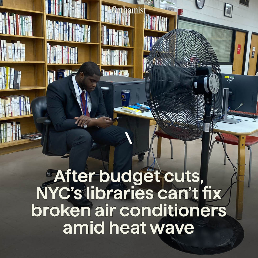 Gothamist's tweet image. Library officials are blaming the air conditioning problems on $750,000 in deferred maintenance costs exacerbated by Mayor Eric Adams’ recent budget reductions, and warn that more unplanned closures are likely on the horizon.

Read more: bit.ly/4cfxyTW